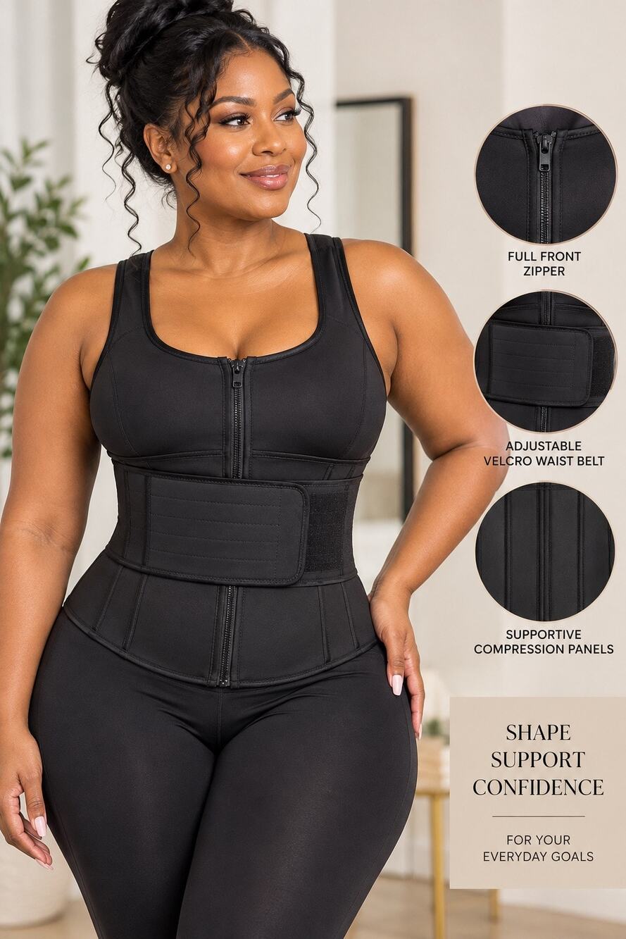 Black Waist Trainer 2XL Zip Front Compression Corset Velcro Belt Shapewear